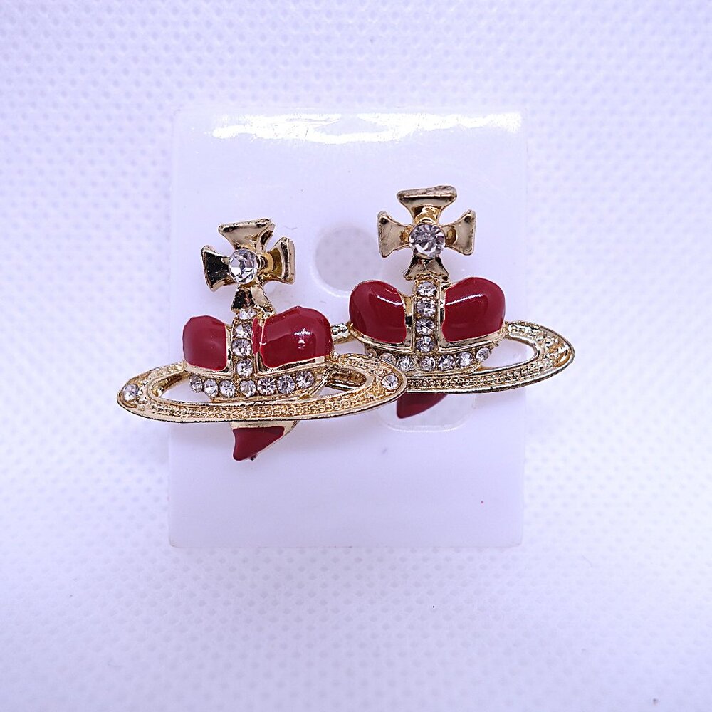 💎4/25💎NOS Vintage Retro 1980s Style Red Heart Crown Gold Pierced Stud Earrings